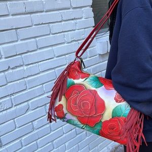 Authentic hand painted Anuschka shoulder bag (rose)